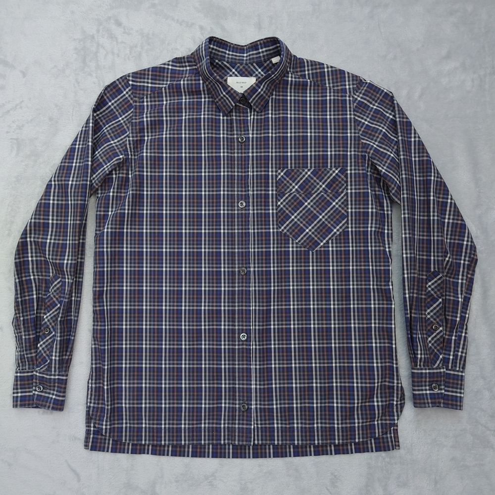 BILLY REID Button Up Shirt Women's XS Cotton Blue Gray Plaid Long Sleeve Italy